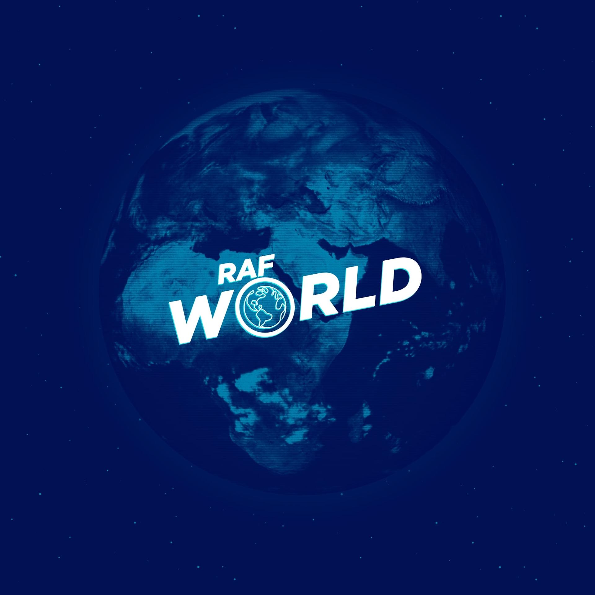RAF World logo, over globe on blue background